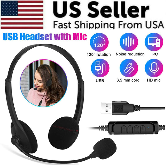 USB Headset Headphone With Microphone Noise Cancelling For PC Computer Call Chat